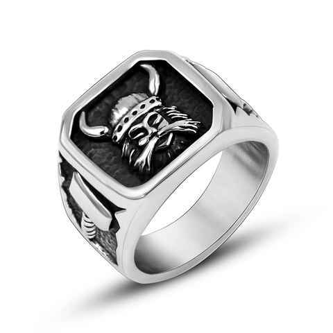 Vintage Roestvrijstalen Viking Krijger Ring Voor Heren Noorse Mythologie Reliëf Hoofd Distressed Punk Sieraden Cadeau