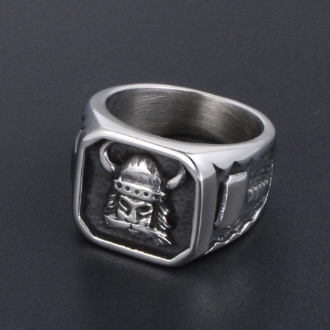 Anillo de Guerrero Vikingo de Acero Inoxidable Vintage para Hombre Mitología Nórdica Cabeza en Relieve Joyería Punk