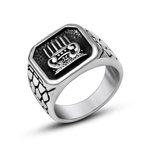 Vintage Stainless Steel Crown Relief Signet Ring For Men Oxidized Greek Column Pattern Punk Biker Band Ring Jewelry Gift