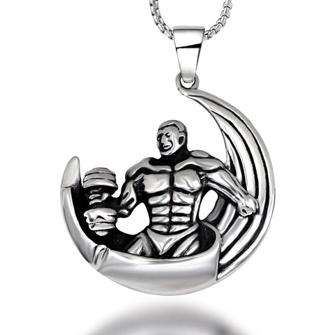 Strongman Fitness Pendant Necklace Titanium Steel Muscle Bodybuilder Crescent Moon Sporty Jewelry For Men Workout Gift