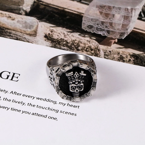 Bague Tête de Mort en Acier Inoxydable Gothique Vintage pour Hommes Punk Couronne Chaîne Biker Ring Hip Hop Heavy Metal Bijoux