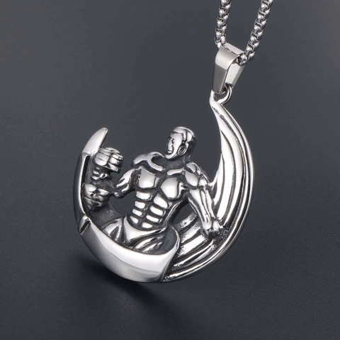 Strongman Fitness Pendant Necklace Titanium Steel Muscle Bodybuilder Crescent Moon Sporty Jewelry For Men Workout Gift