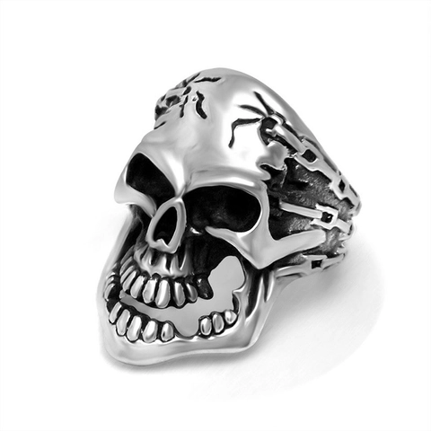 Gothic Punk Stainless Steel Skull Ring For Men Retro Skeleton Chain Texture Biker Rock Finger Ring Halloween Jewelry Gift