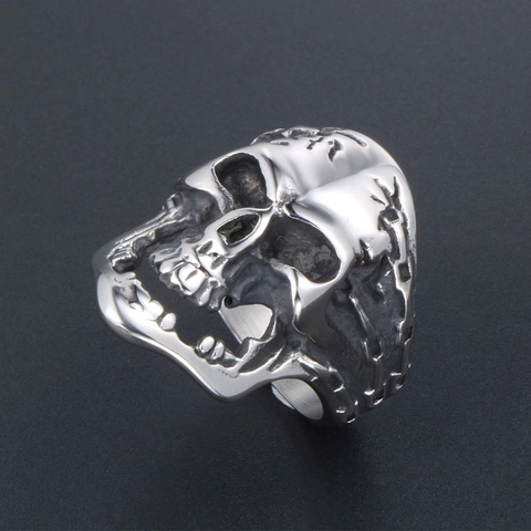 Gothic Punk Stainless Steel Skull Ring For Men Retro Skeleton Chain Texture Biker Rock Finger Ring Halloween Jewelry Gift