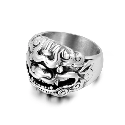 Retro Chinese Style Kylin Auspicious Beast Men Ring Titanium Steel Vintage Relief Animal Pattern Domineering Ring Jewelry