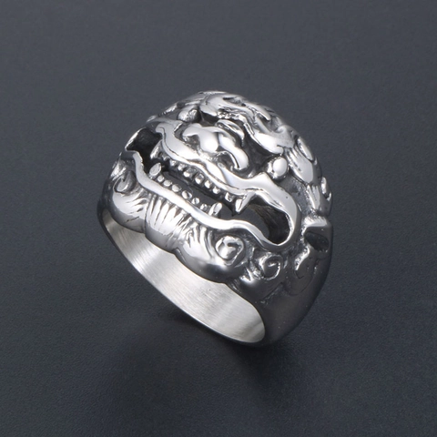 Retro Chinese Style Kylin Auspicious Beast Men Ring Titanium Steel Vintage Relief Animal Pattern Domineering Ring Jewelry