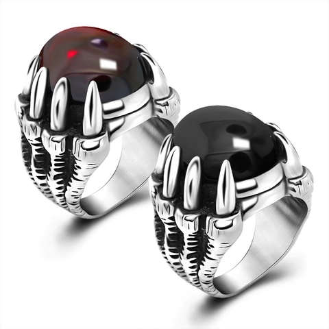 Gothic Punk Dragon Claw Ring For Men Titanium Stainless Steel Retro Band With Red Black Rhinestone Biker Jewelry Gift