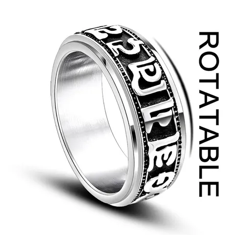 Men Stainless Steel Rotatable Six Character Mantra Spinner Ring Vintage Ethnic Buddhist Prayer Religious Band Stress Relief Jewelry