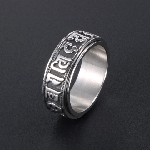 Men Stainless Steel Rotatable Six Character Mantra Spinner Ring Vintage Ethnic Buddhist Prayer Religious Band Stress Relief Jewelry