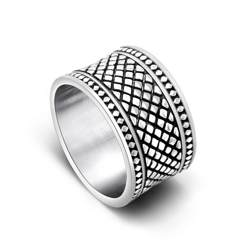 Vintage Titanium Steel Lattice Pattern Wide Band Ring For Men Retro Industrial Punk Style Heavy Finger Ring Jewelry