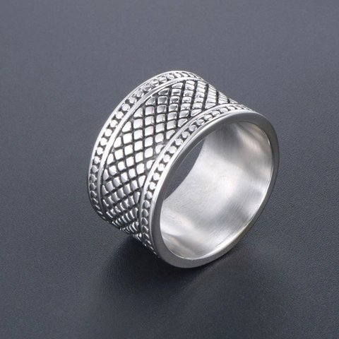 Vintage Titanium Steel Lattice Pattern Wide Band Ring For Men Retro Industrial Punk Style Heavy Finger Ring Jewelry