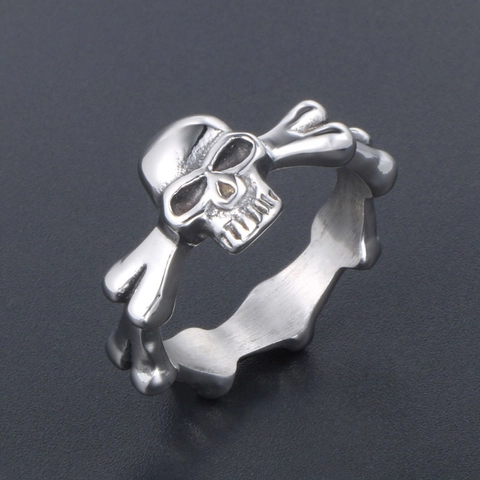 Punk Gothic Skull Skeleton Ring For Men Women Titanium Steel Crossbone Band Retro Rock Biker Fashion Jewelry Holiday Gift