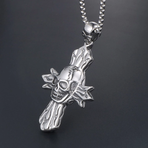 Men Gothic Skull Cross Pendant Necklace Stainless Steel Antique Silver Retro Punk Biker Jewelry Polished Biker Charm