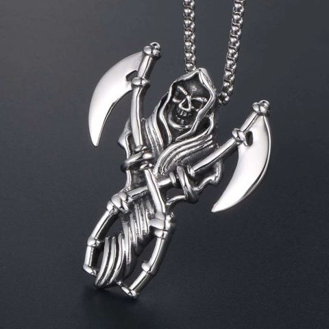 Gotische Sensenmann Totenkopf Anhänger Halskette Edelstahl Vintage Distressed Doppel Sensen Punk Stil Schmuck Für Herren Täglich Party