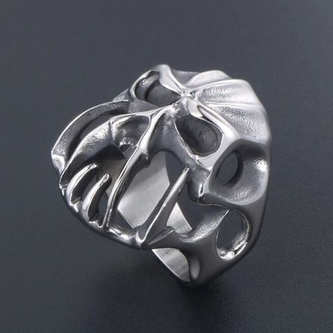 Retro Punk Gotische Schedel Roestvrij Stalen Ring Voor Heren Opengewerkt Skelet Monster Biker Ring Antiek Zilver Sieraden