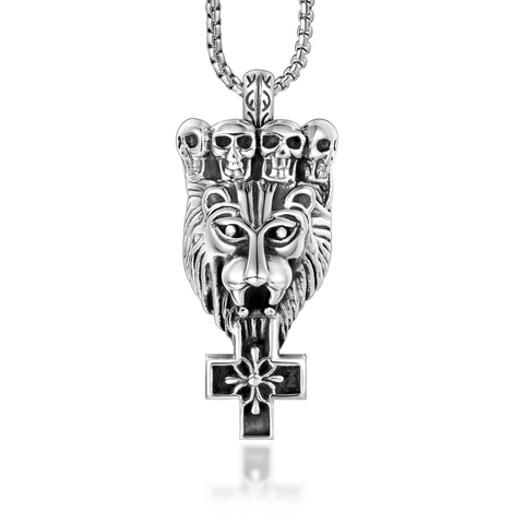 Collana con Ciondolo a Croce a Forma di Leone e Teschio in Acciaio Inossidabile Gothic Punk per Uomo Gioielli Biker Argento Retrò