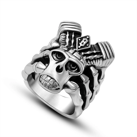 Anello Punk Teschio in Acciaio Inossidabile per Uomo Biker Retrò Motore Meccanico Scheletro Band Gothic Rock Gioielli Anello
