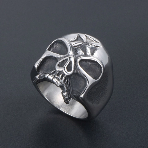 Vintage Stainless Steel Skull Ring Gothic Punk Cross Embossed Skeleton Polished Biker Rock Jewelry For Men Unisex Retro Gift