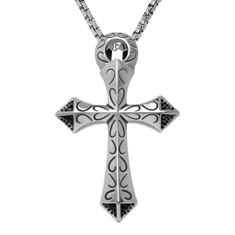 Collier Pendentif Croix en Acier Inoxydable Vintage pour Hommes Punk Gothique Gravé Motif de Volutes Bijoux Religieux Accessoire Quotidien