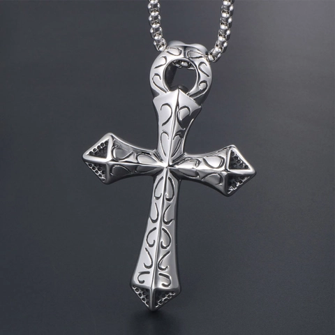 Collier Pendentif Croix en Acier Inoxydable Vintage pour Hommes Punk Gothique Gravé Motif de Volutes Bijoux Religieux Accessoire Quotidien