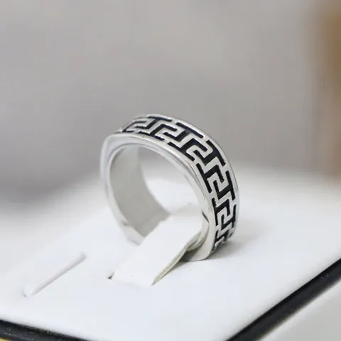 Vintage Stainless Steel Greek Key Meander Pattern Ring For Men Women Black Enamel Geometric Band Ring Fashion Punk Jewelry