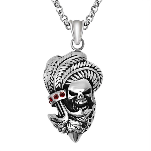 Stainless Steel Punk Skull Feather Pendant Necklace With Red Rhinestones Gothic Biker Halloween Jewelry For Men Cool Gift