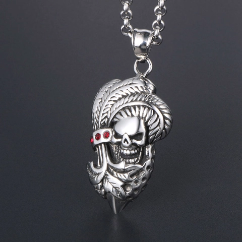 Stainless Steel Punk Skull Feather Pendant Necklace With Red Rhinestones Gothic Biker Halloween Jewelry For Men Cool Gift