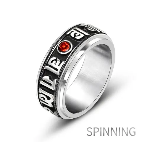 Vintage Titanium Steel Rotatable Six-Character Mantra Ring For Men Women Buddhist Spinning Ring With Red Rhinestone Inlay Religious Jewelry