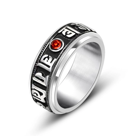 Vintage Titanium Steel Rotatable Six-Character Mantra Ring For Men Women Buddhist Spinning Ring With Red Rhinestone Inlay Religious Jewelry