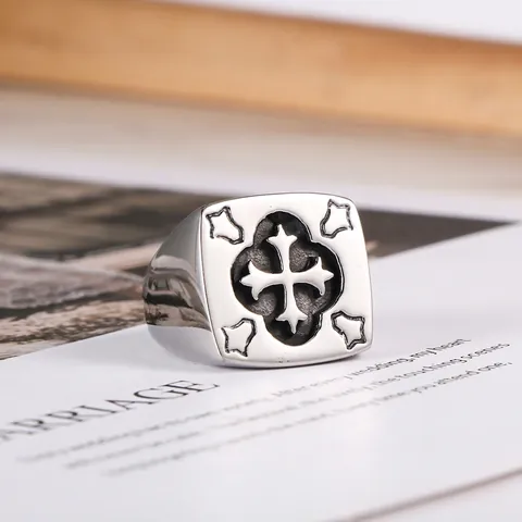 Men's Vintage Stainless Steel Square Signet Ring Engraved Cross Pattern Gothic Punk Religious Fashion Jewelry Ring Accessory