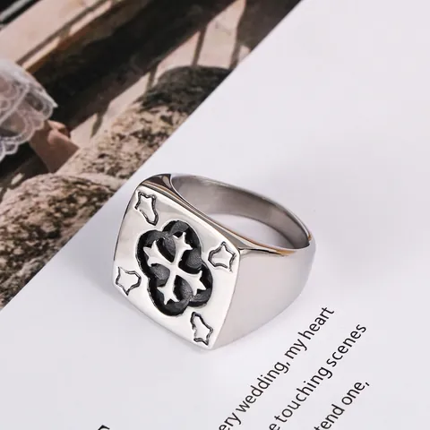 Men's Vintage Stainless Steel Square Signet Ring Engraved Cross Pattern Gothic Punk Religious Fashion Jewelry Ring Accessory