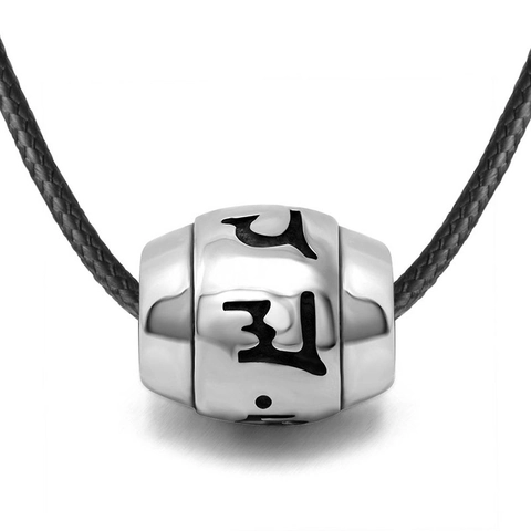 Vintage Titanium Steel Six-Character Mantra Barrel Bead Pendant Necklace For Unisex Retro Polished Stainless Steel Jewelry