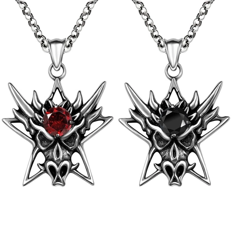 Vintage Gothic Wolf Head Dragon Pendant Necklace For Men Stainless Steel Medallion With Red Black Rhinestone Punk Jewelry Gift