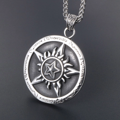 Collana con Ciondolo a Pentagramma in Acciaio Inossidabile Vintage da Uomo Retro Rilievo Fiamma Runa Stella Gioielli