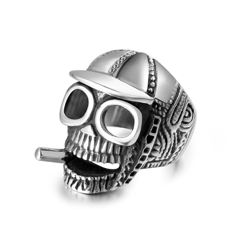 Retro Punk Skull Ring With Baseball Cap And Cigar Stainless Steel Biker Ring For Men Gothic Hip Hop Motorcycle Jewelry