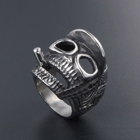Retro Punk Skull Ring With Baseball Cap And Cigar Stainless Steel Biker Ring For Men Gothic Hip Hop Motorcycle Jewelry