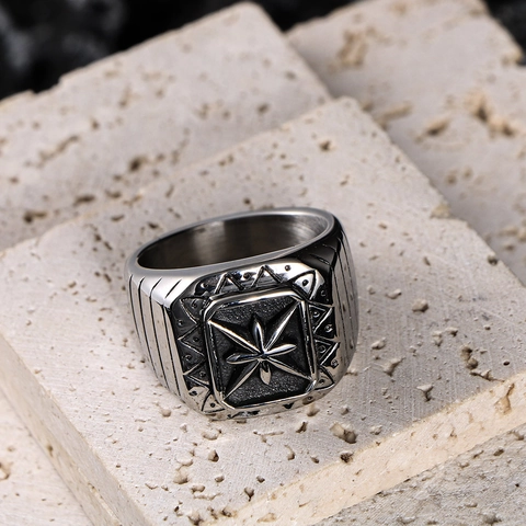 Anello con Sigillo Uomo Punk Retrò Stella Ottagonale in Acciaio al Titanio Lucidato Bussola Biker Rock Gioielli Taglia US 7-12