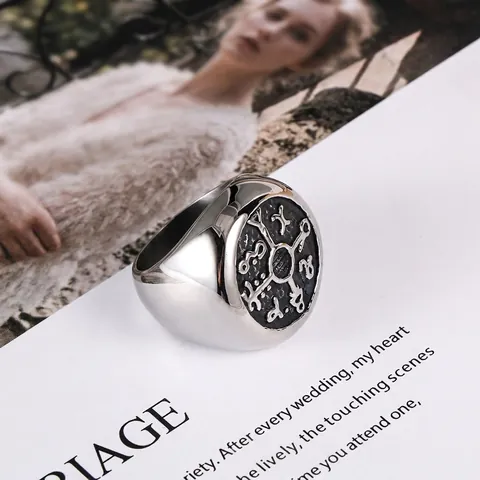 Vintage Titanium Steel Signet Ring For Men Retro Mystical Symbol Round Polished Band Punk Rock Biker Jewelry Accessory