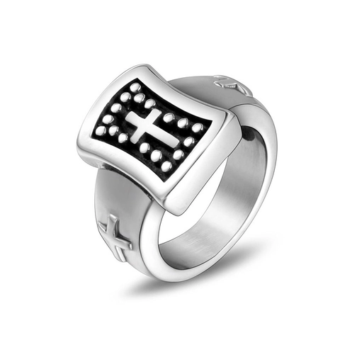 Vintage Titanium Steel Cross Ring For Men Punk Gothic Shield Signet Ring Retro Silver Religious Jewelry Accessories