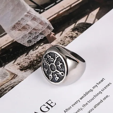 Vintage Titanium Steel Signet Ring For Men Retro Mystical Symbol Round Polished Band Punk Rock Biker Jewelry Accessory