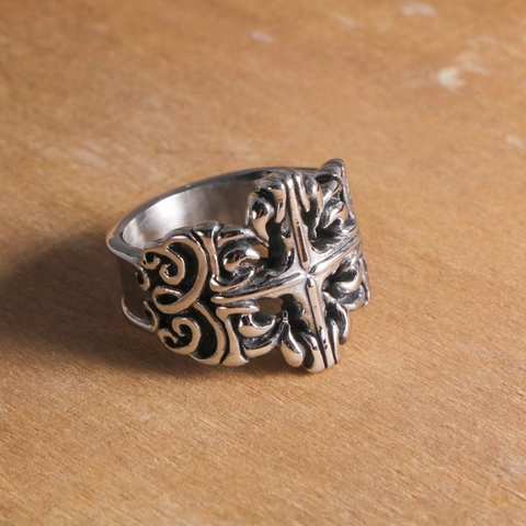 Vintage Gothic Cross Ring Stainless Steel Retro Distressed Carved Scrolling Vine Band Punk Biker Jewelry For Men Women
