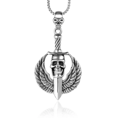 Vintage Gothic Totenkopf Anhänger Halskette Kreuz Schwert Flügel Edelstahl Titanstahl Herren Schmuck Halloween Accessoire