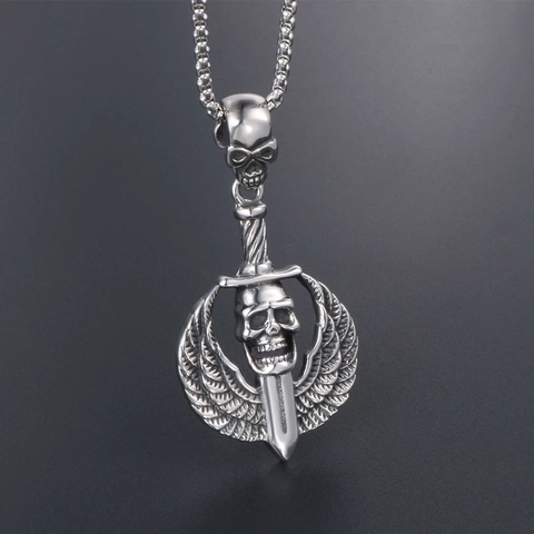 Vintage Gothic Totenkopf Anhänger Halskette Kreuz Schwert Flügel Edelstahl Titanstahl Herren Schmuck Halloween Accessoire