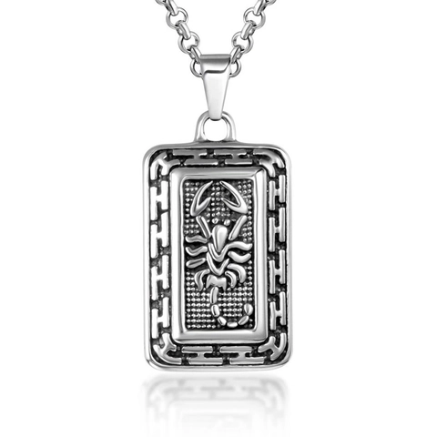 Retro Stainless Steel Scorpion Pendant Necklace For Men Vintage Rectangle Tablet Charm Relief Polished Punk Jewelry Gift