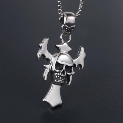 Gothic Punk Titanium Steel Skull Cross Pendant Necklace With Box Chain For Men Vintage Polished Biker Jewelry Gift