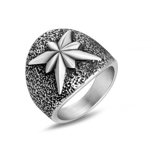 Vintage Stainless Steel Octagonal Star Ring For Men Women Hammered Texture Industrial Punk Style Jewelry Finger Band Retro Polaris Ring