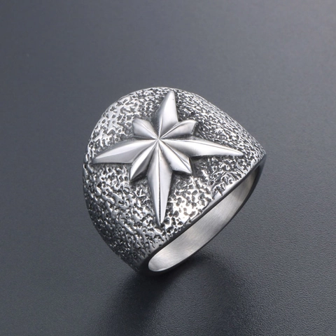 Vintage Stainless Steel Octagonal Star Ring For Men Women Hammered Texture Industrial Punk Style Jewelry Finger Band Retro Polaris Ring