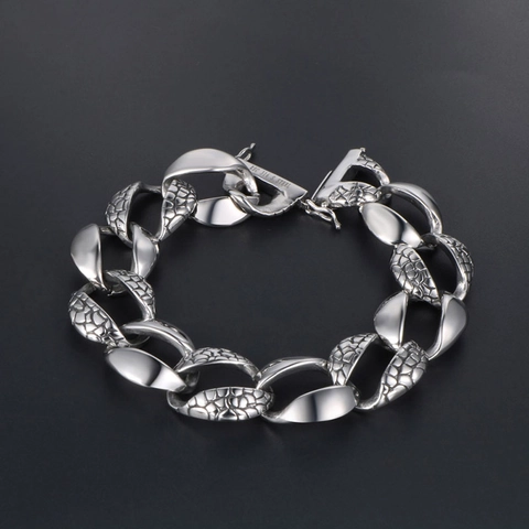 Bracciale da Uomo in Acciaio Inossidabile con Texture a Pelle di Serpente Stile Rock Hip Hop Punk Colore Argento Gioielli