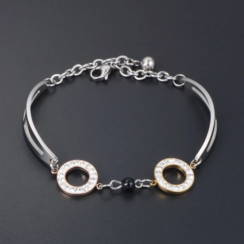 Dames Titaniumstaal Dubbele Ring Armband Met Strass Zwarte Obsidiaan Kraal Minimalistische Mode Sieraden Roségoud Zilver