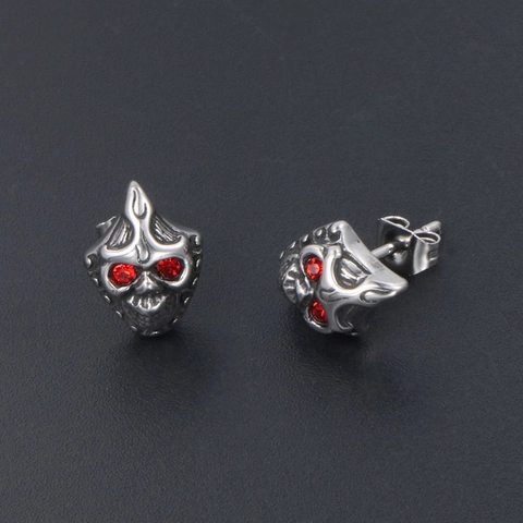 Vintage Titanium Steel Skull Stud Earrings With Red Rhinestone Eyes Gothic Punk Halloween Ear Jewelry For Men Women